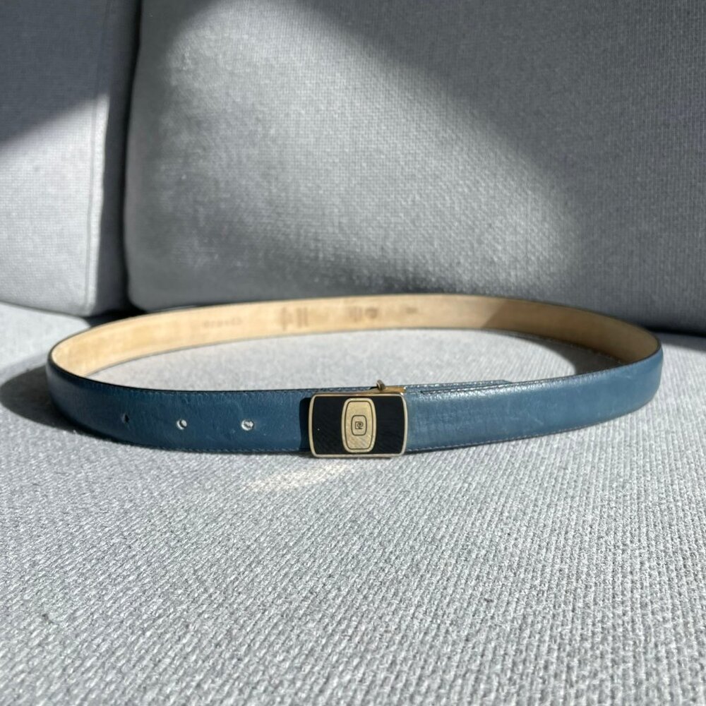 PIERRE CARDIN Blue Leather Belt Logo 32 / 80, Medium, 1 Inch Width
